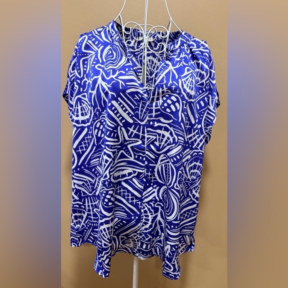 Jodifl Blue White Coastal Shell Print V Neck Blouse Boho Resort 1X